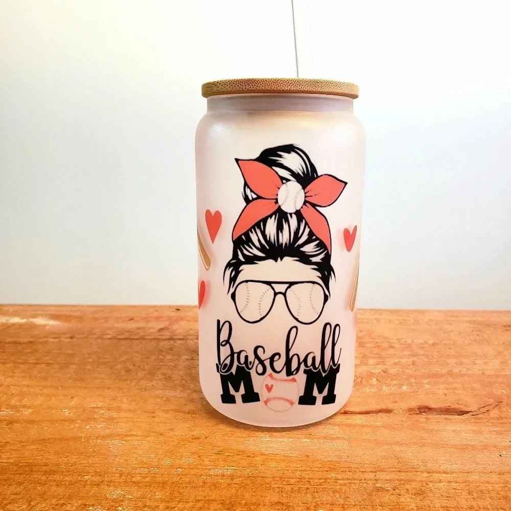 Baseball mom frosted glass cup includes lid and plastic straw